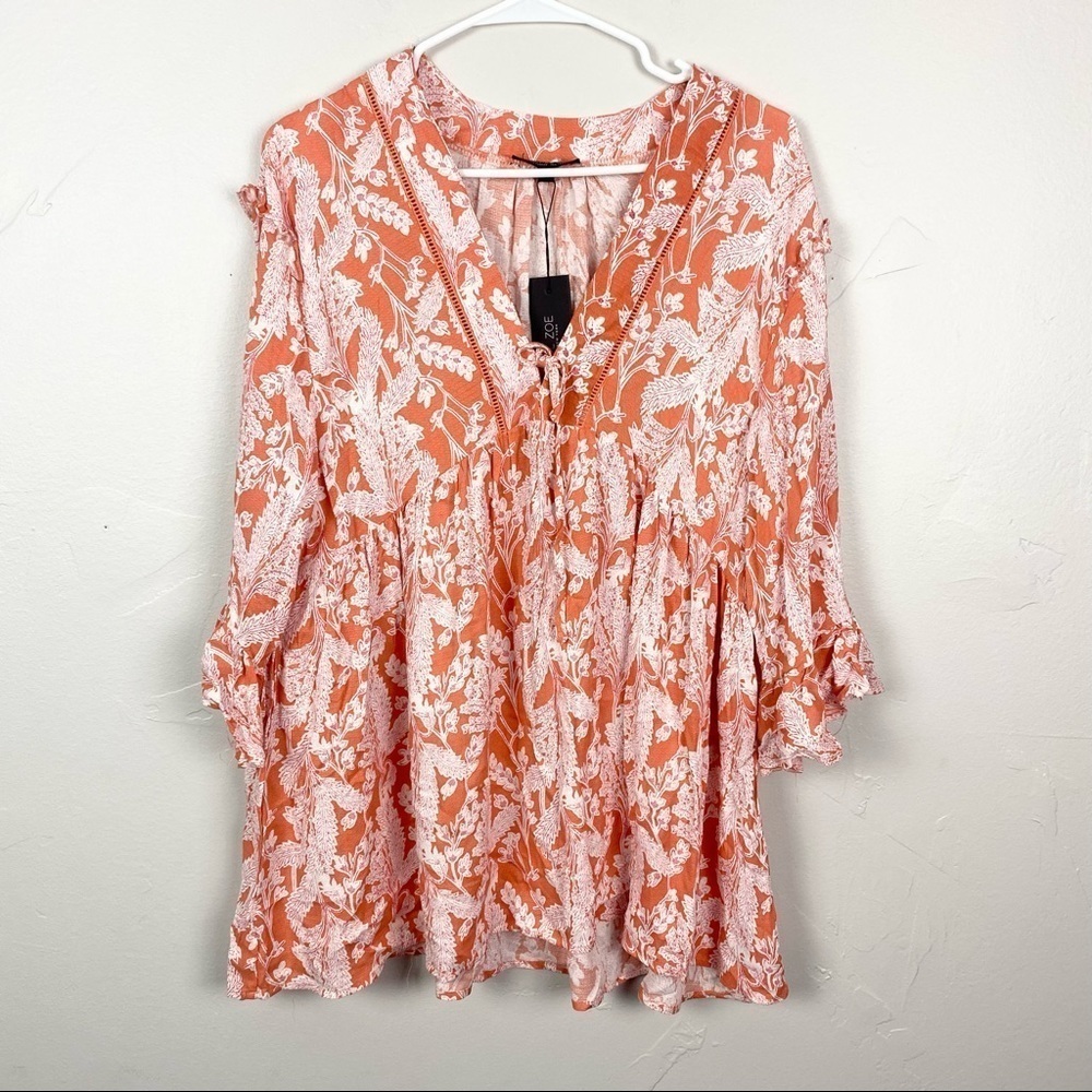 Rachel Zoe | Orange and White Floral Printed Loose Fitting Ruffle Top Size Small